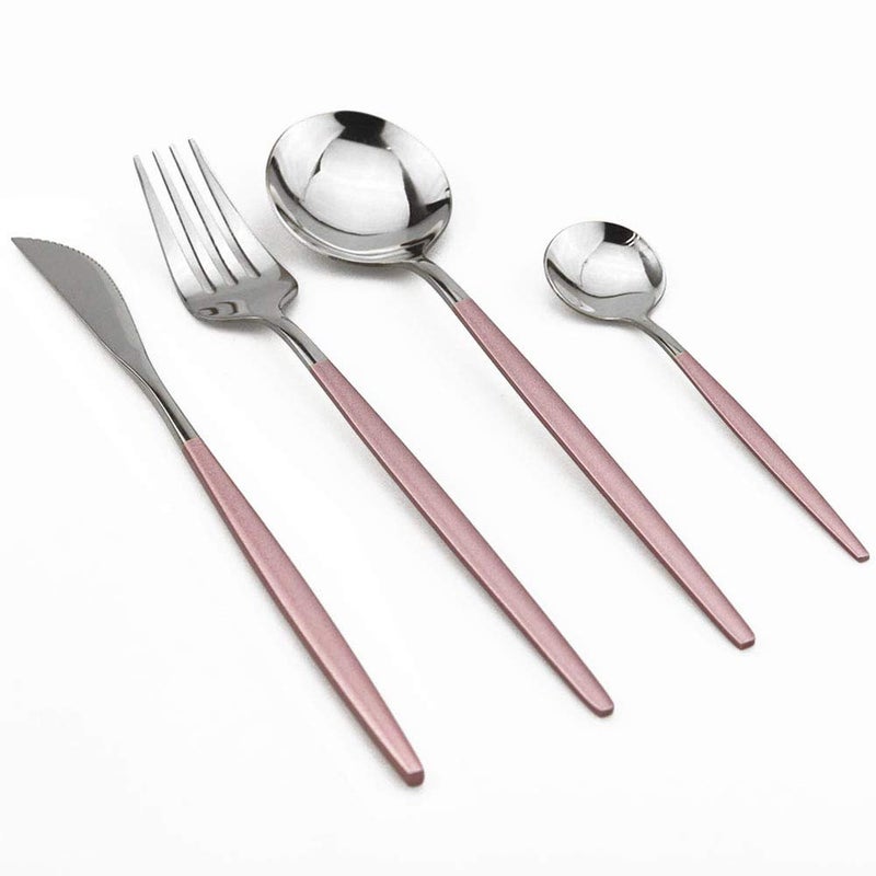 JANKNG 24-Piece Flatware Set, 18/0 Stainless Steel Knife Fork Spoon Teaspoon Silverware Set, Service for 6, Pink Handle Silver - Image 2